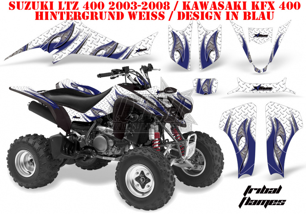 Tribal Flames Hintergrund = Weiß, Designfarbe = Blau für Suzuki LTZ 400 2003-2008