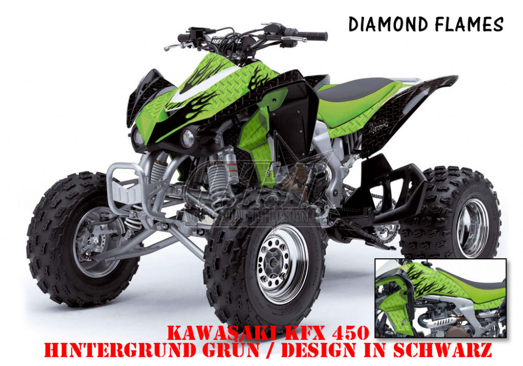 Diamond Flames Hintergrund = Grün, Designfarbe = Schwarz für Kawasaki KFX 450