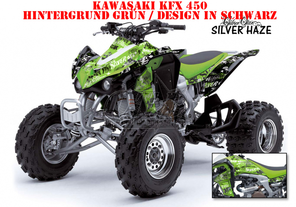 SilverStar - Silverhaze Hintergrund = Grün, Designfarbe = Schwarz für Kawasaki KFX 450