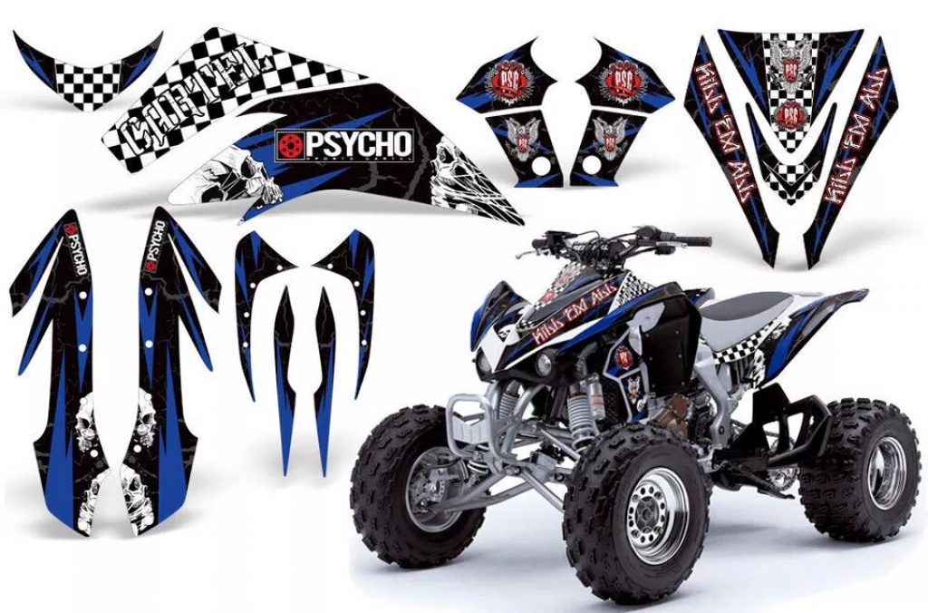P.S.C. Psycho Cartel - Kill em all Hintergrund = Schwarz, Designfarbe = Blau für Kawasaki KFX 450