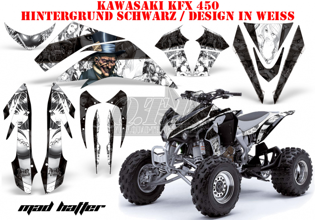Mad Hatter Hintergrund = Schwarz, Designfarbe = Weiß für Kawasaki KFX 450