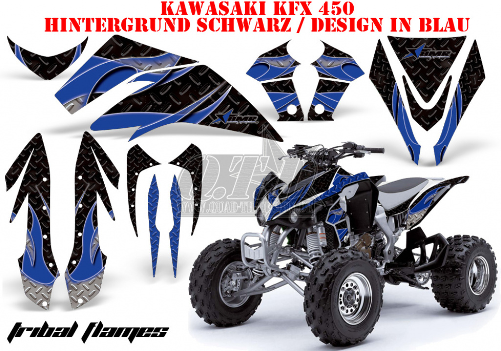 Tribal Flames Hintergrund = Schwarz, Designfarbe = Blau für Kawasaki KFX 450