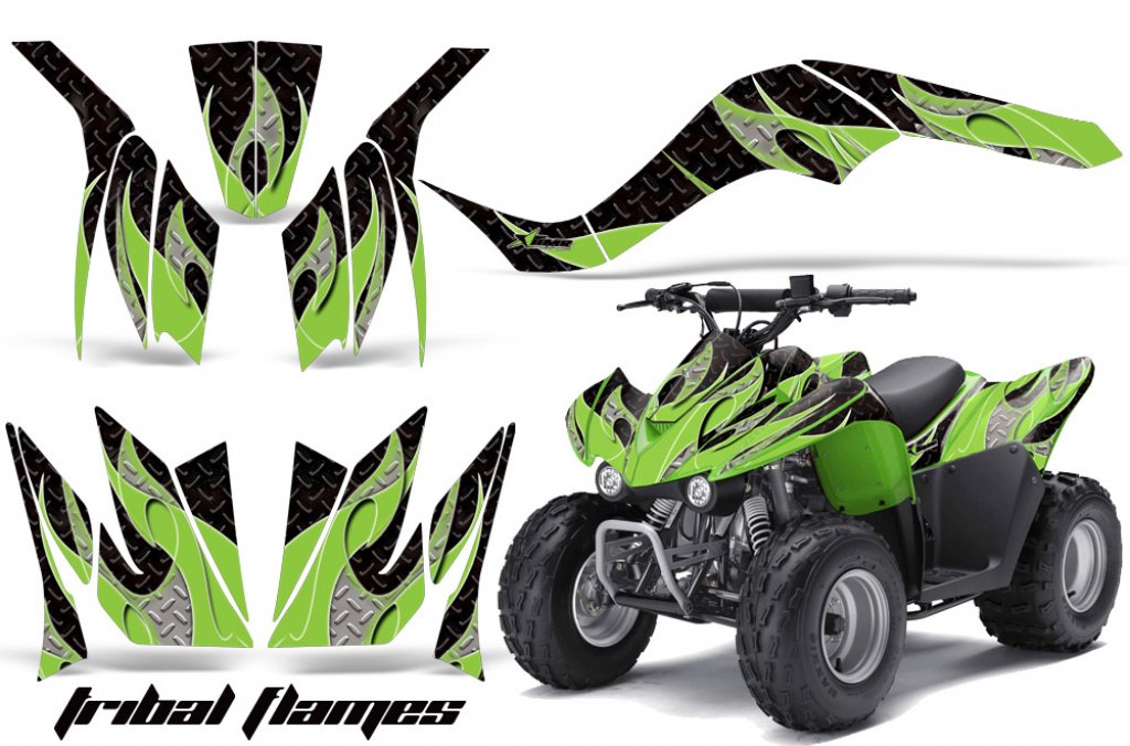 Tribal Flames Hintergrund = Schwarz, Designfarbe = Grün für Kawasaki KFX 50/KFX 90 2007-2022