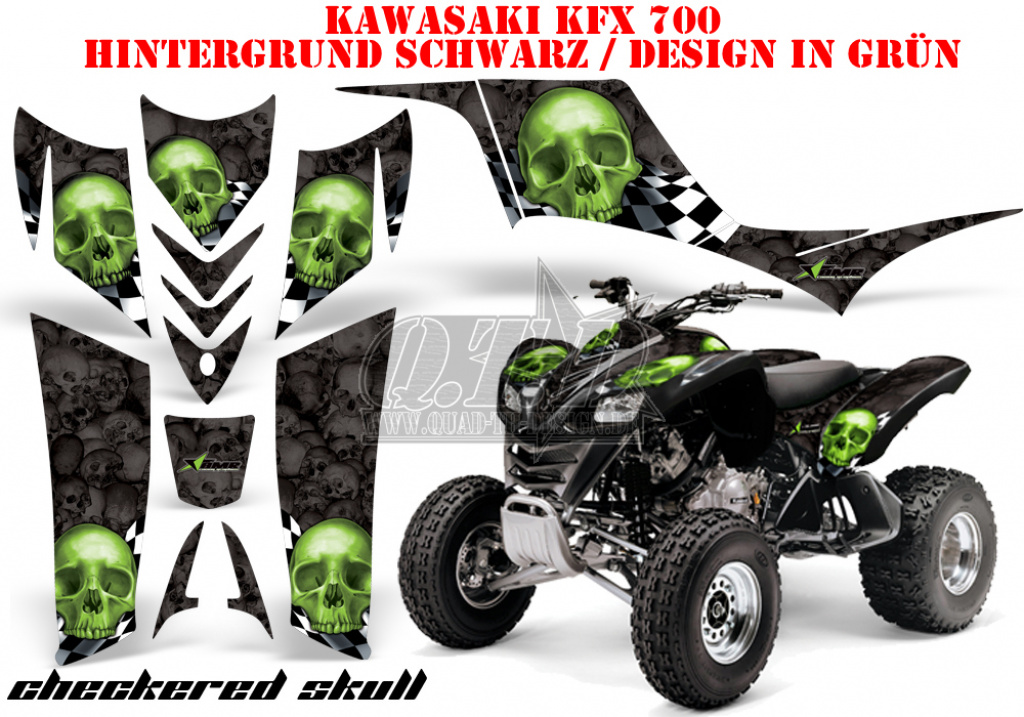 Checkered Skull Background = Black, Design color = Green for Kawasaki KFX 700