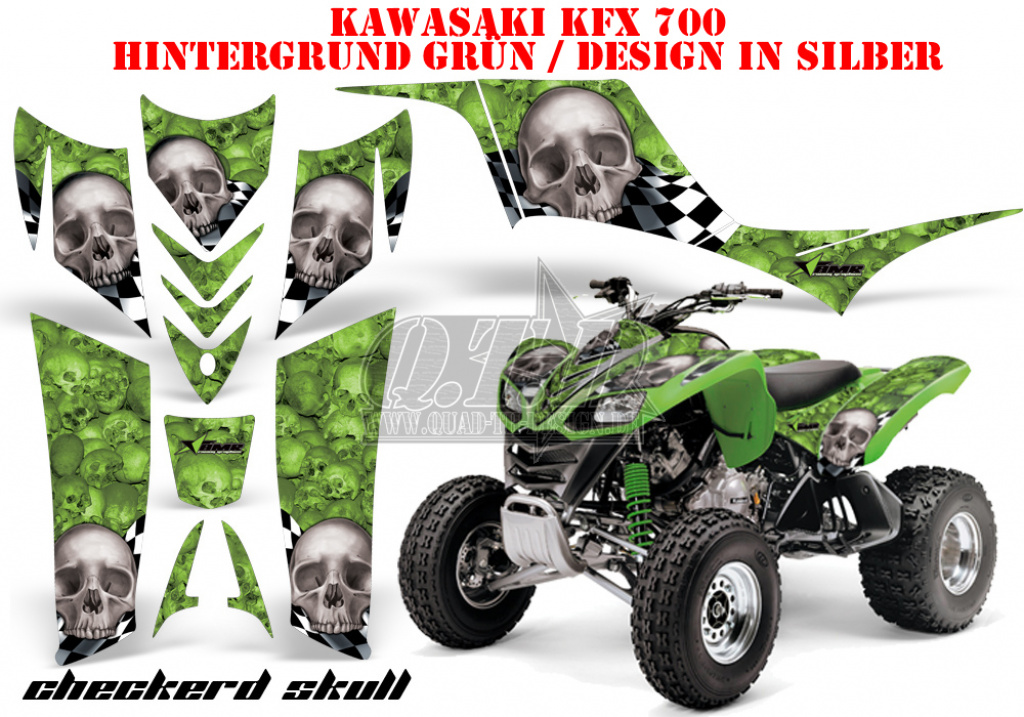 Checkered Skull Background = Green, Design color = Silver for Kawasaki KFX 700
