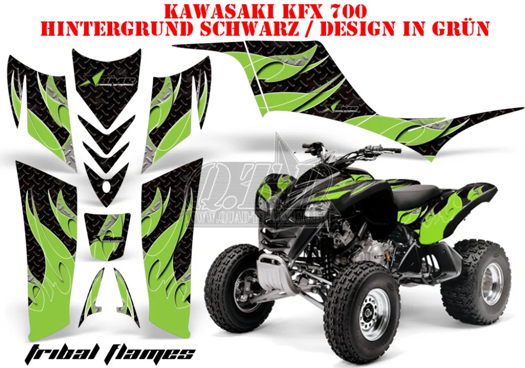Tribal Flames Hintergrund = Schwarz, Designfarbe = Grün für Kawasaki KFX 700