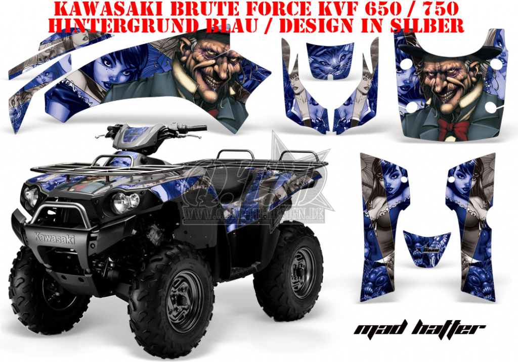 Mad Hatter Background = Blue, Design color = Silver for Kawasaki Brute Force KVF 650i 4x4 2006-2012