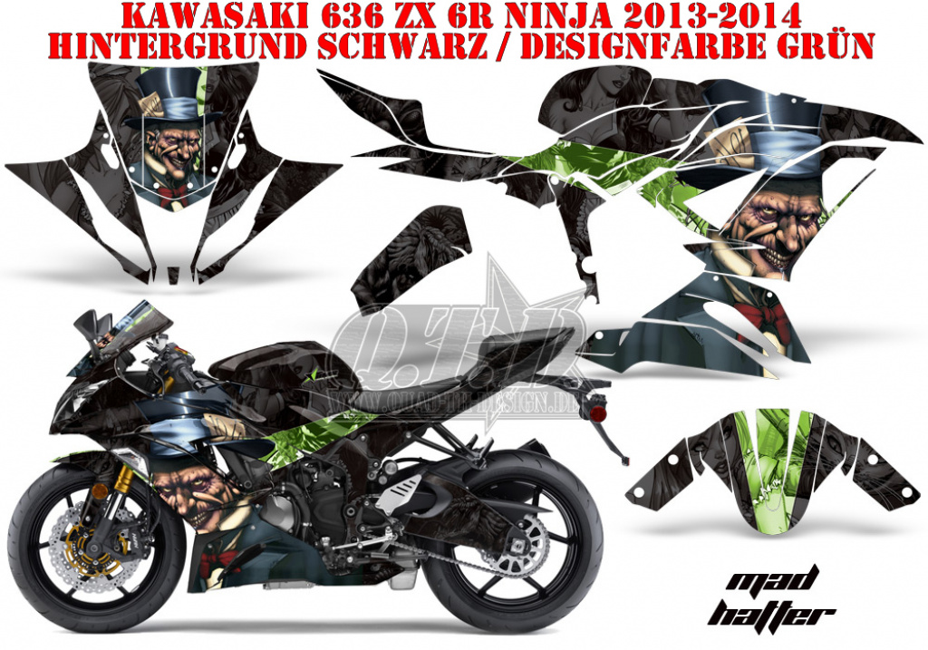 Mad Hatter Hintergrund = Schwarz, Designfarbe = Grün für Kawasaki Ninja 636 ZX-6R 2013-2016