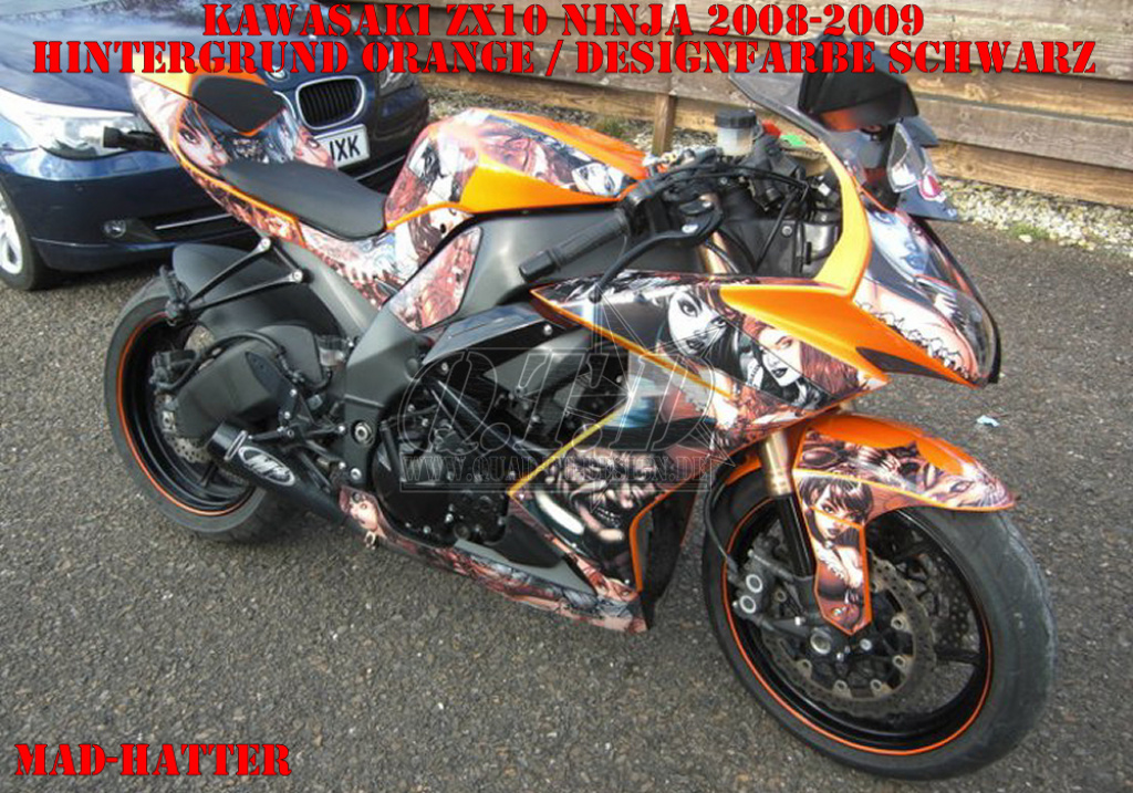 Mad Hatter Hintergrund = Orange, Designfarbe = Schwarz für Kawasaki ZX10 Ninja Sport 2008-2009