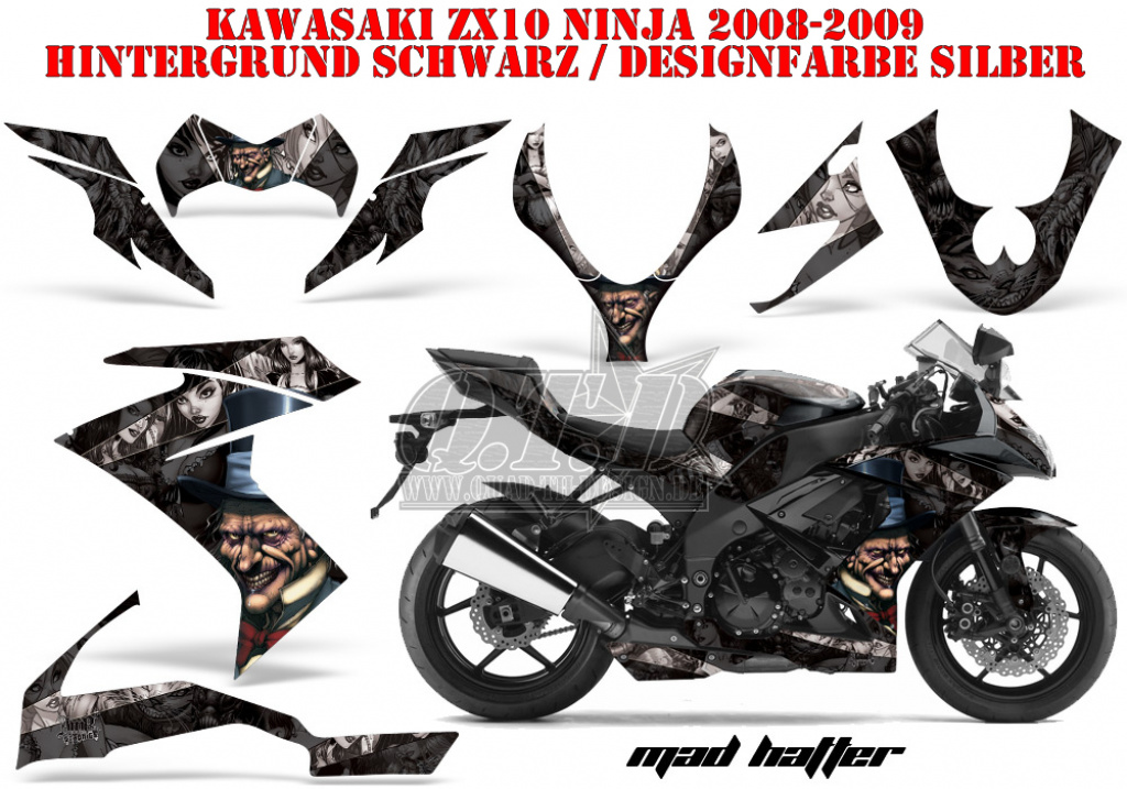 Mad Hatter Hintergrund = Schwarz, Designfarbe = Silber für Kawasaki ZX10 Ninja Sport 2008-2009