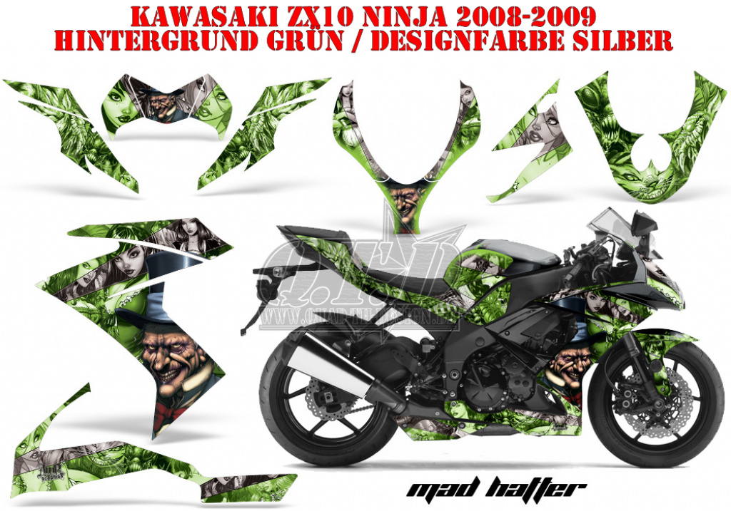 Mad Hatter Hintergrund = Grün, Designfarbe = Silber für Kawasaki ZX10 Ninja Sport 2008-2009