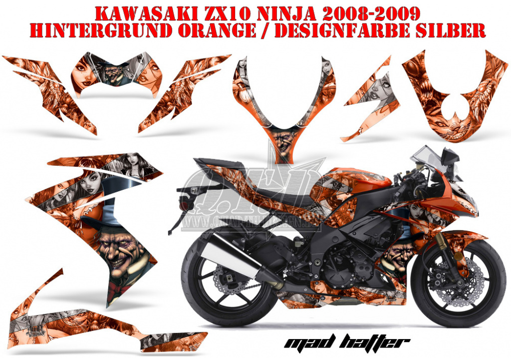 Mad Hatter Hintergrund = Orange, Designfarbe = Silber für Kawasaki ZX10 Ninja Sport 2008-2009