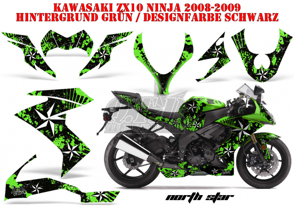 Northstar Hintergrund = Grün, Designfarbe = Schwarz für Kawasaki ZX10 Ninja Sport 2008-2009