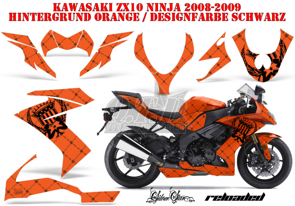 SilverStar - Reloaded Hintergrund = Orange, Designfarbe = Schwarz für Kawasaki ZX10 Ninja Sport 2008-2009