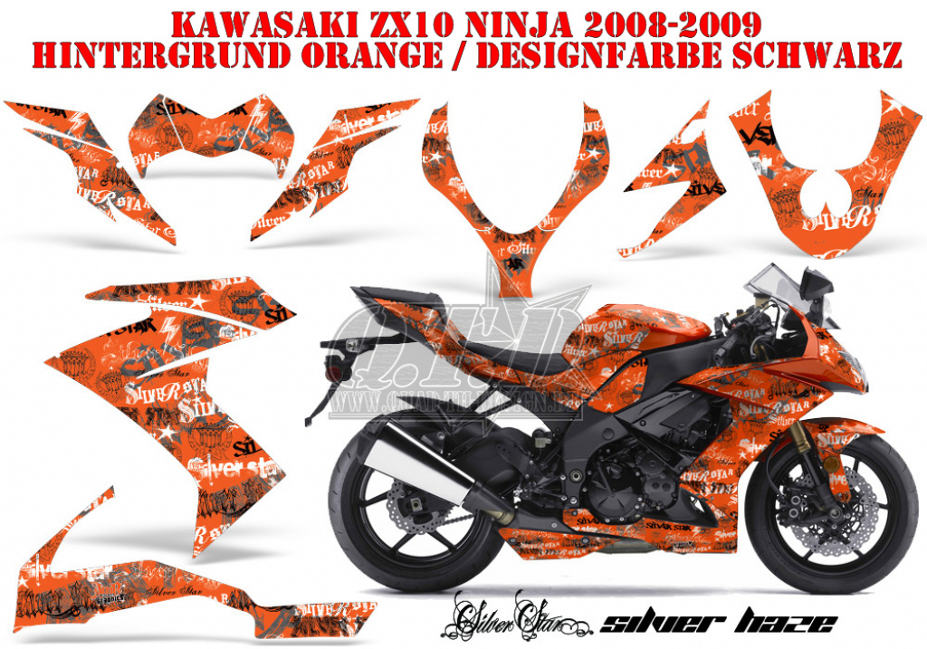 SilverStar - Silverhaze Hintergrund = Orange, Designfarbe = Schwarz für Kawasaki ZX10 Ninja Sport 2008-2009