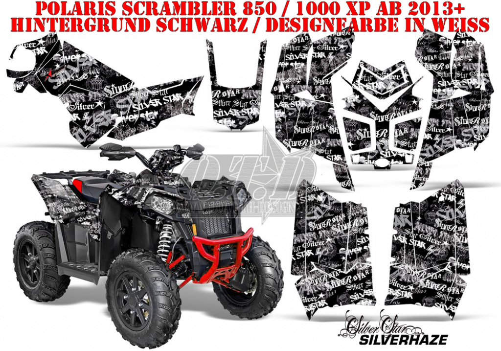 Silverstar - Silverhaze Hintergrund = Schwarz, Designfarbe = Weiß für Polaris Scrambler 850/1000 XP 2013-2022