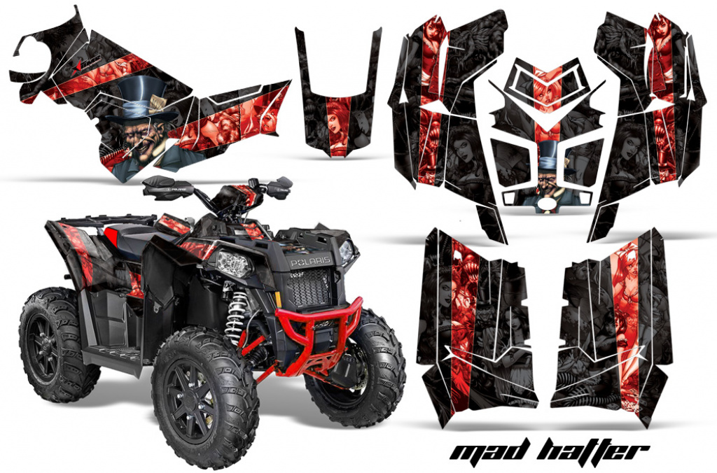 Mad Hatter Hintergrund = Schwarz, Designfarbe = Rot für Polaris Scrambler 850/1000 XP 2013-2022
