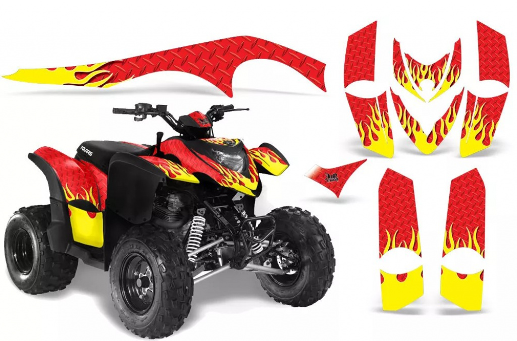 Diamond Flames Hintergrund = Rot, Designfarbe = Gelb für Polaris Phoenix 200 2005-2016