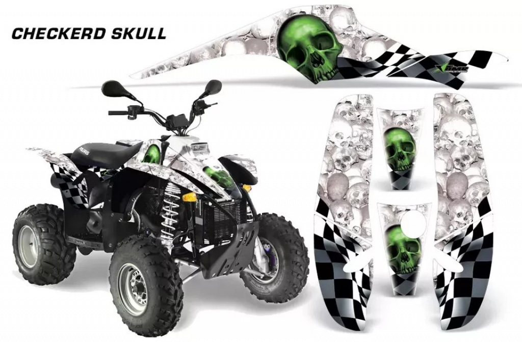 Checkered Skull Hintergrund = Weiß, Designfarbe = Grün für Polaris Scrambler 1985-2009