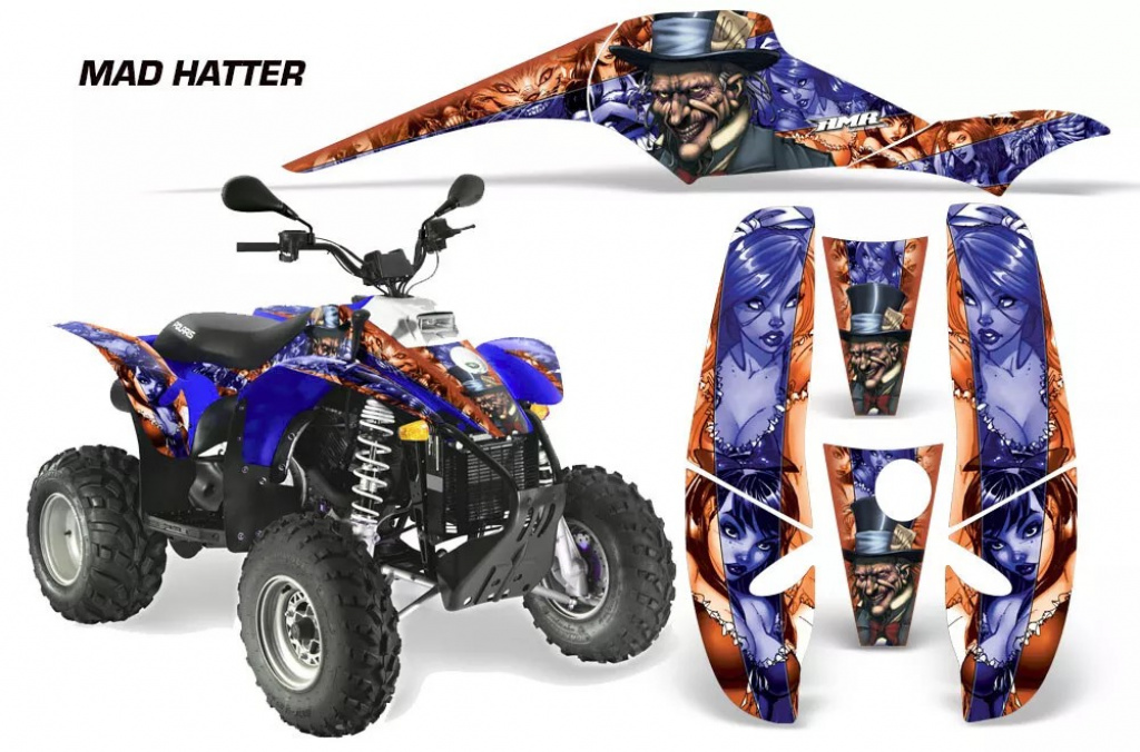Mad-Hatter Hintergrund = Orange, Designfarbe = Blau für Polaris Scrambler 1985-2009