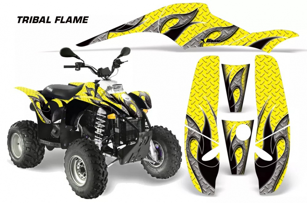 Tribal Flames Hintergrund = Gelb, Designfarbe = Schwarz für Polaris Scrambler 1985-2009