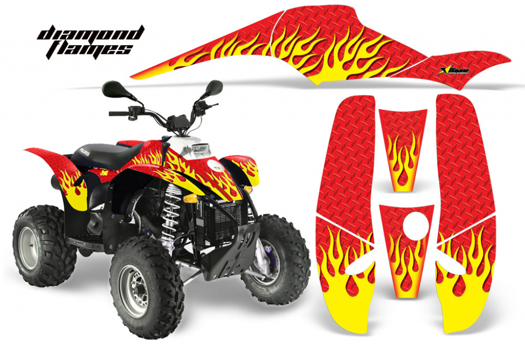 Diamond Flames Hintergrund = Rot, Designfarbe = Gelb für Polaris Scrambler 1985-2009