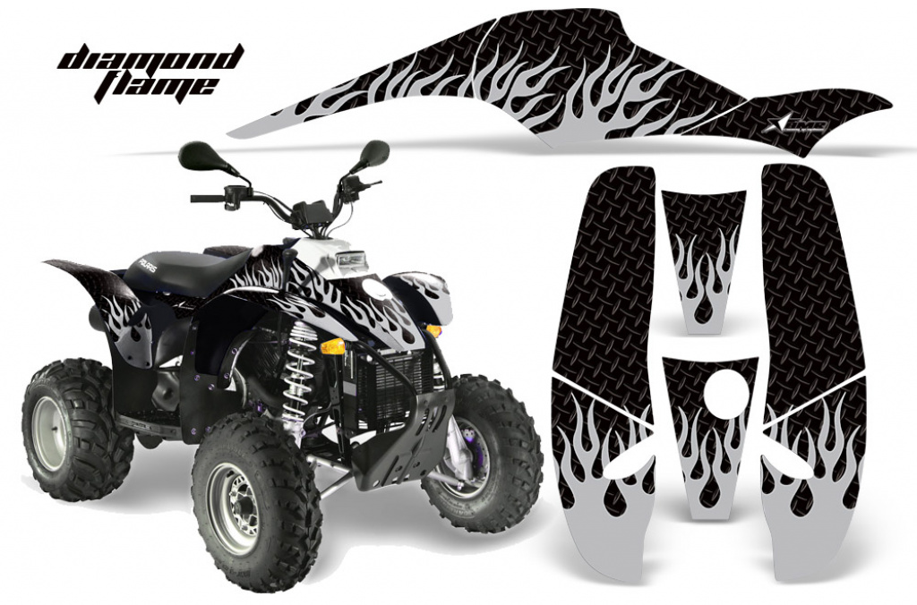 Diamond Flames Hintergrund = Schwarz, Designfarbe = Silber für Polaris Scrambler 1985-2009