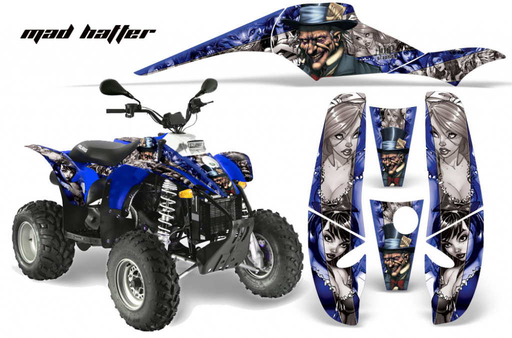 Mad-Hatter Hintergrund = Blau, Designfarbe = Silber für Polaris Scrambler 1985-2009