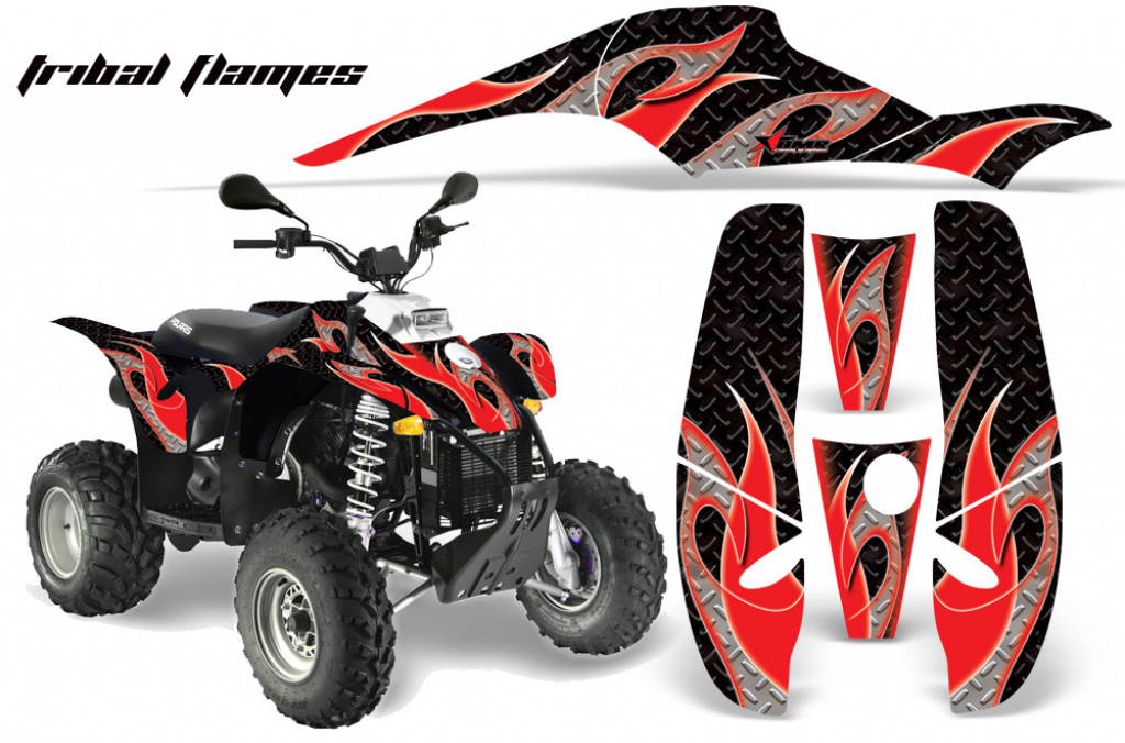 Tribal Flames Hintergrund = Schwarz, Designfarbe = Rot für Polaris Scrambler 1985-2009
