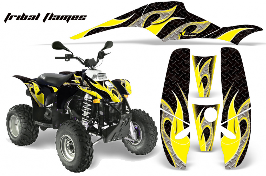 Tribal Flames Hintergrund = Schwarz, Designfarbe = Gelb für Polaris Scrambler 1985-2009