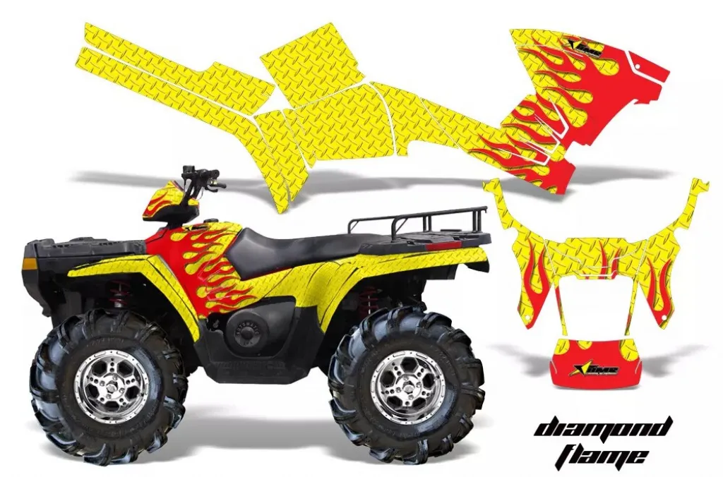 Diamond Flames Background = Yellow, Design color = Red for Polaris Sportsman 800/700/500 05-10