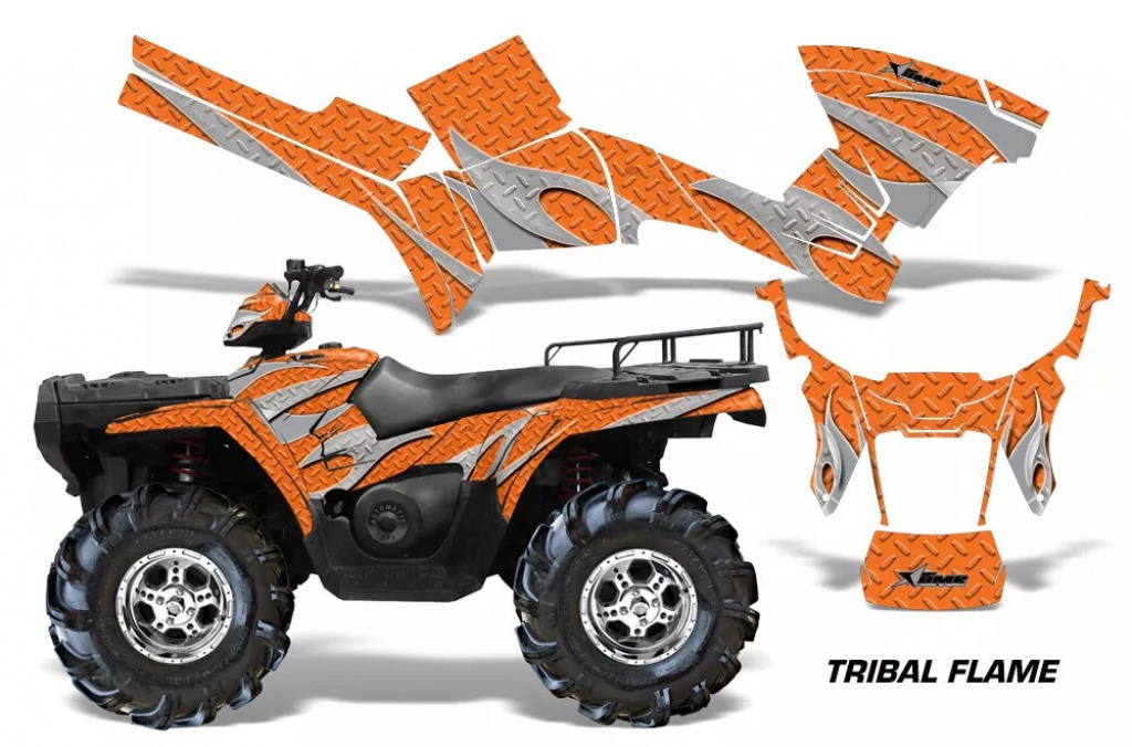 Tribal Flames Background = Orange, Design color = Silver for Polaris Sportsman 800/700/500 05-10