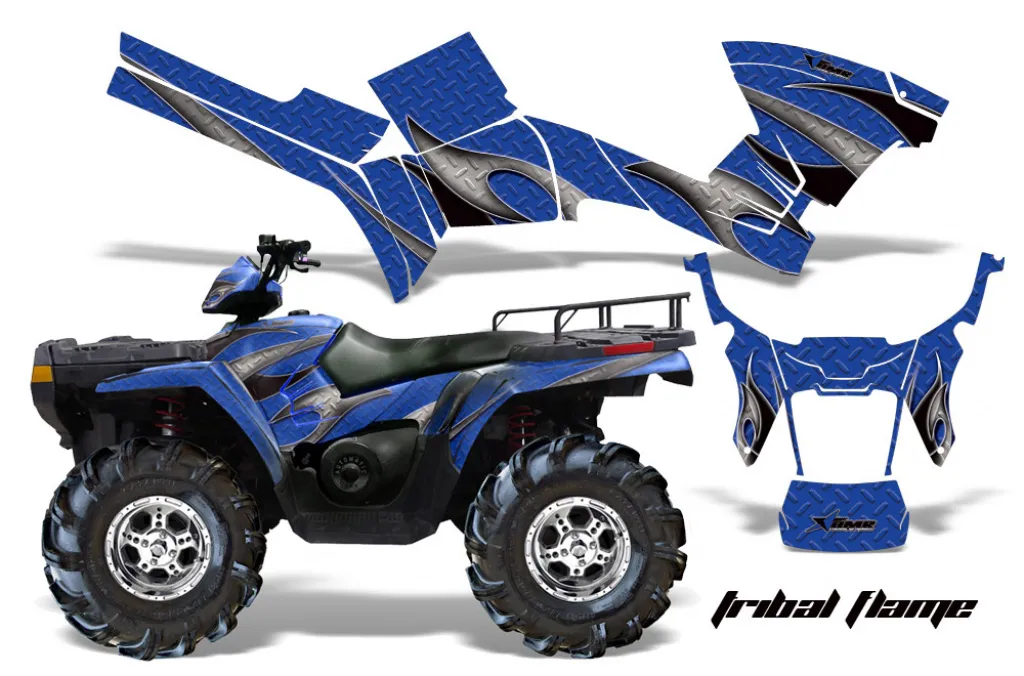 Tribal Flames Background = Blue, Design color = Black for Polaris Sportsman 800/700/500 05-10