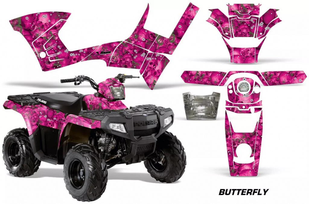 Butterfly Background = Pink, Design color = Green for Polaris Sportsman 90/110