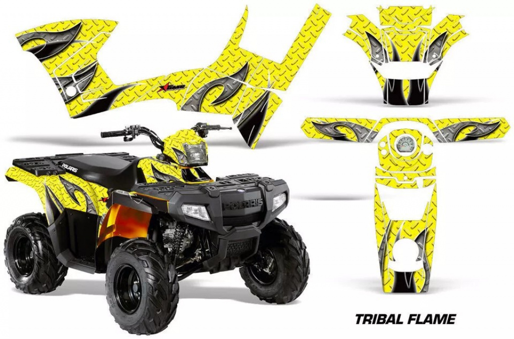 Tribal Flames Background = Yellow, Design color = Black for Polaris Sportsman 90/110