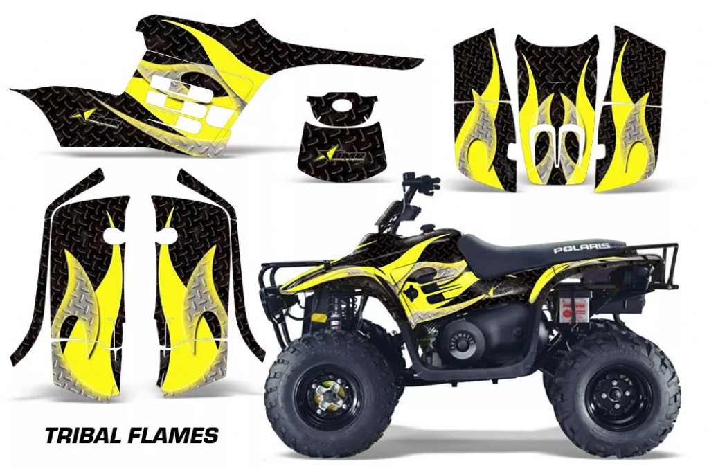Tribal Flames Hintergrund = Schwarz, Designfarbe = Gelb für Polaris Trailboss 330 04-09