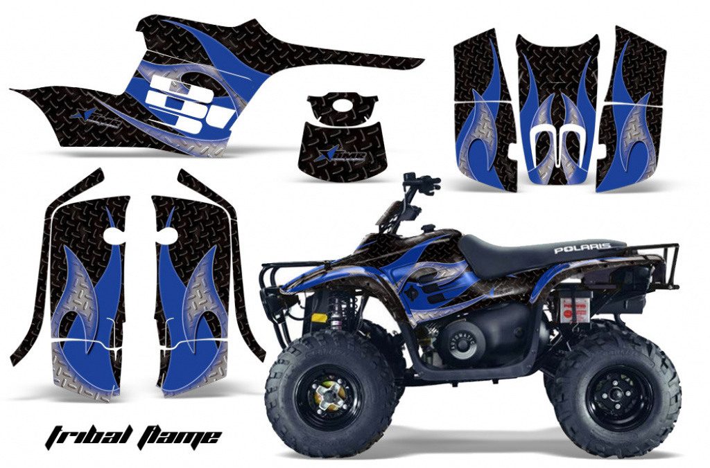 Tribal Flames Hintergrund = Schwarz, Designfarbe = Blau für Polaris Trailboss 330 04-09