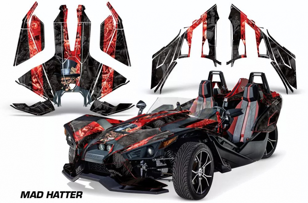 Mad-Hatter Hintergrund = Schwarz, Designfarbe = Rot für Polaris Slingshot SL15-23