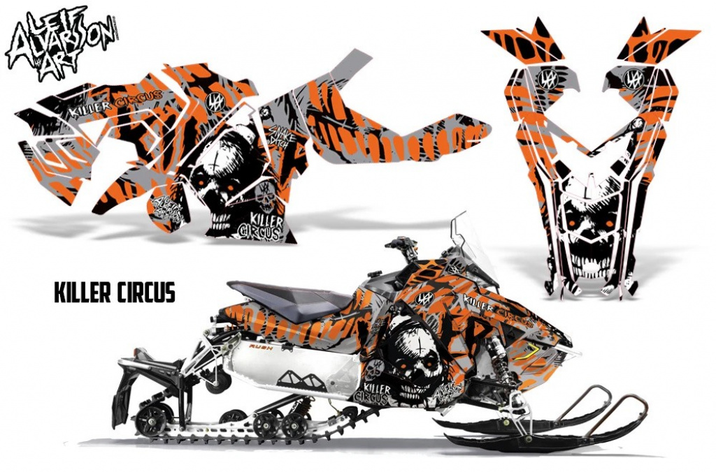Killer Circus Hintergrund = Silber, Designfarbe = Orange für Polaris Axys Rush Pro S/Switchback Pro S/Adventure 15+