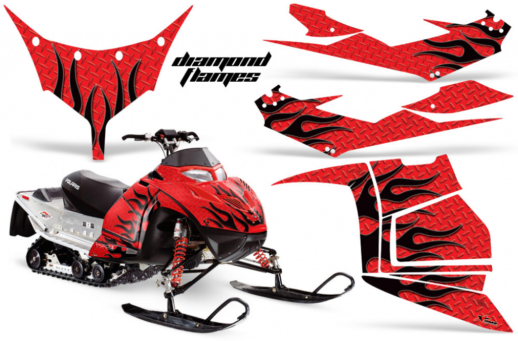 Diamond Flames Hintergrund = Rot, Designfarbe = Schwarz für Polaris IQ Race 600 05-18