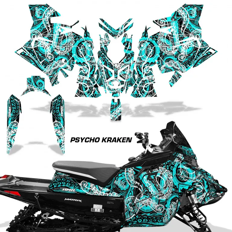 Psycho Kraken Hintergrund = Schwarz, Designfarbe = Teal Blau für Polaris Matryx Indy Assault 21+