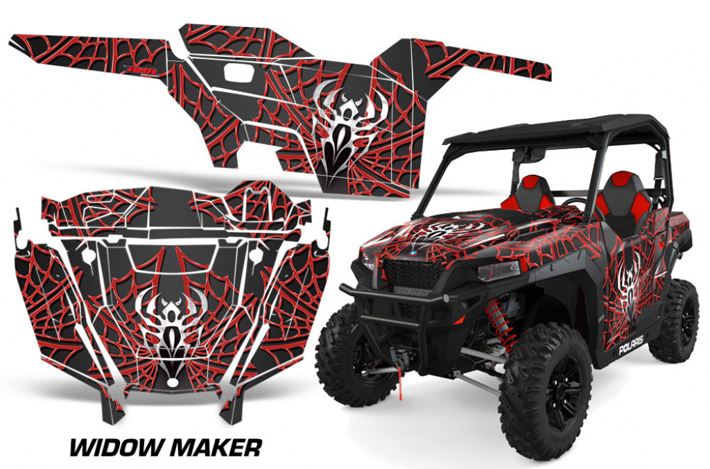 Widow Maker Hintergrund = Schwarz, Designfarbe = Rot für Polaris General 2 Türer 2016+