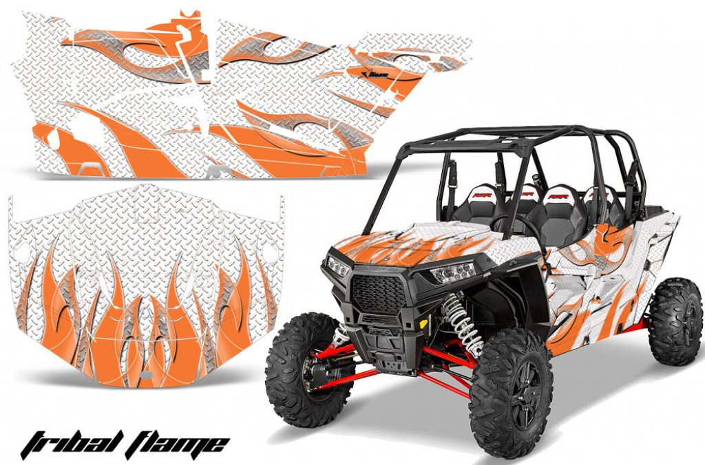 Tribal Flames Hintergrund = Weiß, Designfarbe = Orange für Polaris RZR 1000 XP 4 Türer 13-18