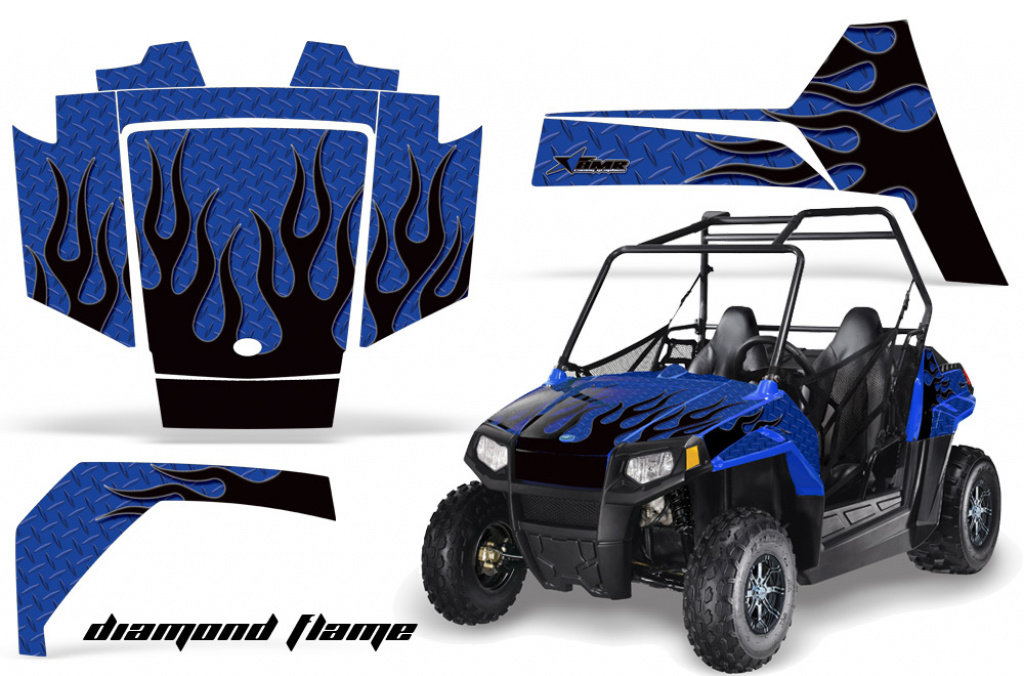 Diamond Flames Hintergrund = Blau, Designfarbe = Schwarz für Polaris RZR 170