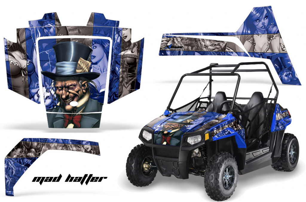Mad-Hatter Hintergrund = Blau, Designfarbe = Silber für Polaris RZR 170
