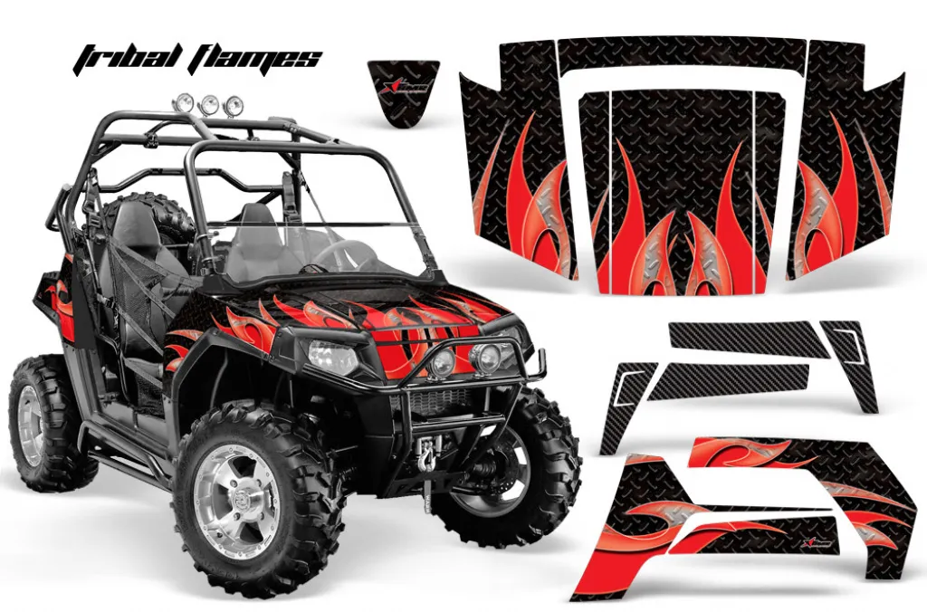 Tribal Flames Hintergrund = Schwarz, Designfarbe = Rot für Polaris RZR 800/s 06-10