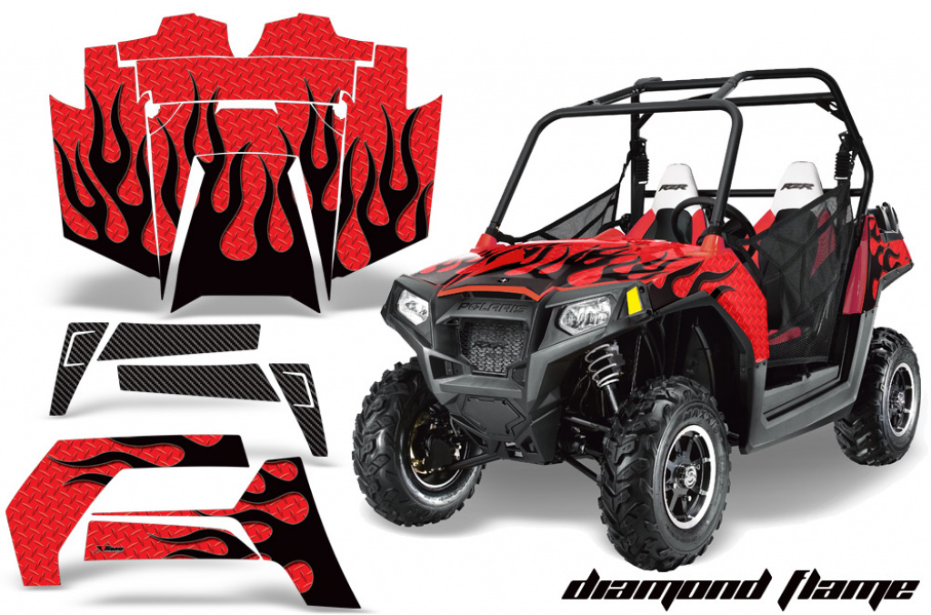 Diamond Flames Hintergrund = Rot, Designfarbe = Schwarz für Polaris RZR 800/s 11-14