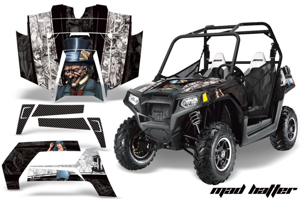 Mad-Hatter Hintergrund = Schwarz, Designfarbe = Weiß für Polaris RZR 800/s 11-14