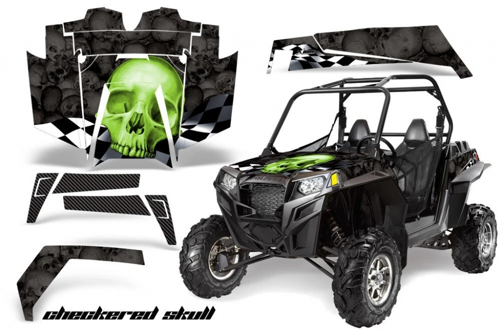 Checkered Skull Hintergrund = Schwarz, Designfarbe = Grün für Polaris RZR 900XP 11-14