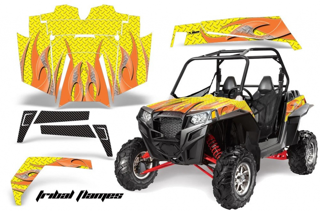 Tribal Flames Hintergrund = Gelb, Designfarbe = Orange für Polaris RZR 900XP 11-14